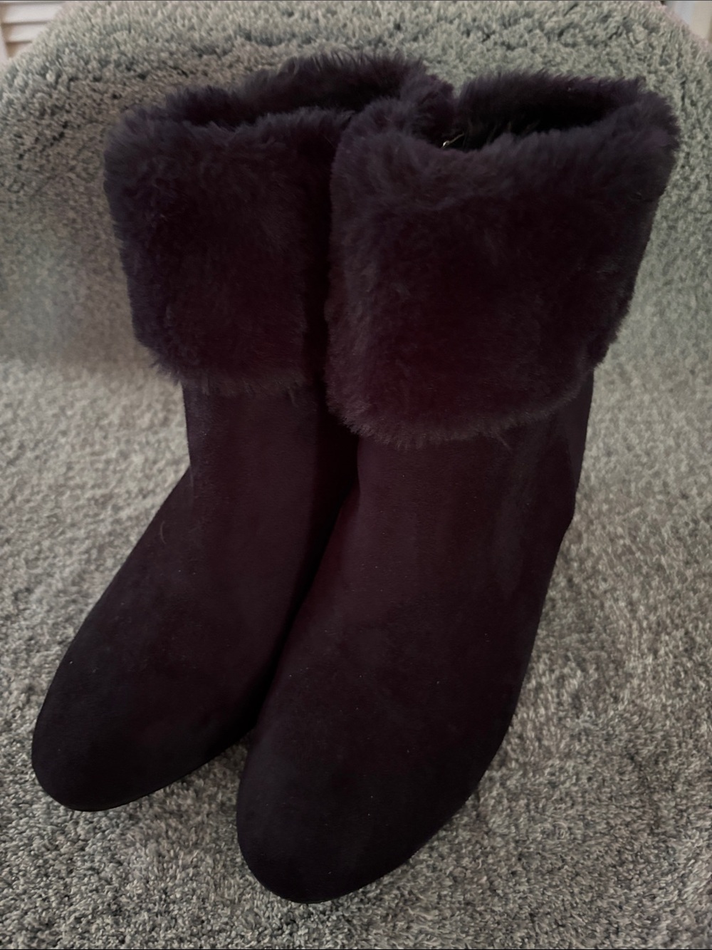 Faux Suede Ankle Boots with Plush Cuff - Black